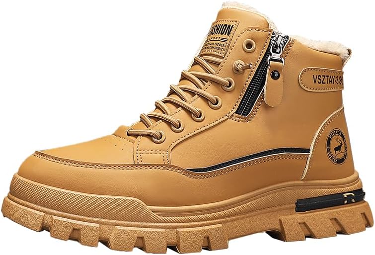 

Мужские ботинки Мотоциклетные ботинки для мужчин Зимние снежные ботинки Теплые с меховой подкладкой Ботинки для походов Круглый носок Шнуровка Повседневная обувь с боковой молнией Hhhchpm, хаки