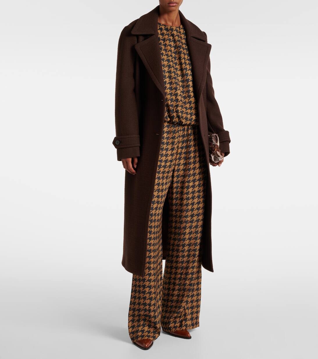 Блузка из атласа с узором «гусиная лапка» Dries Van Noten, кэмел — фото 2
