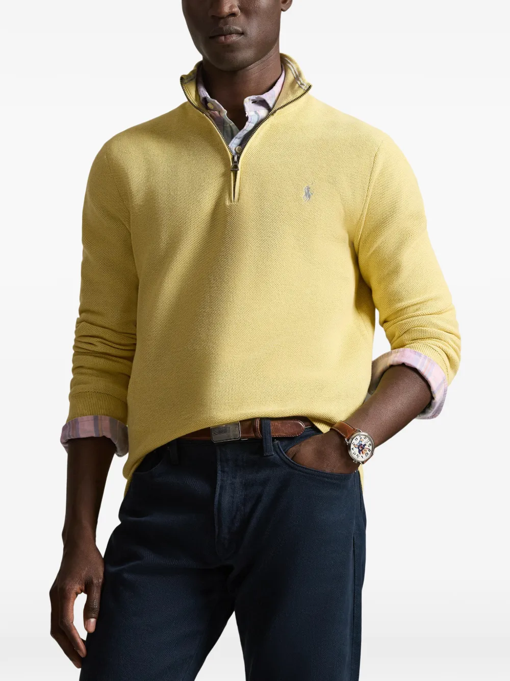 Свитер из сетчатой вязки с короткой молнией Polo Ralph Lauren, желтый — фото 3