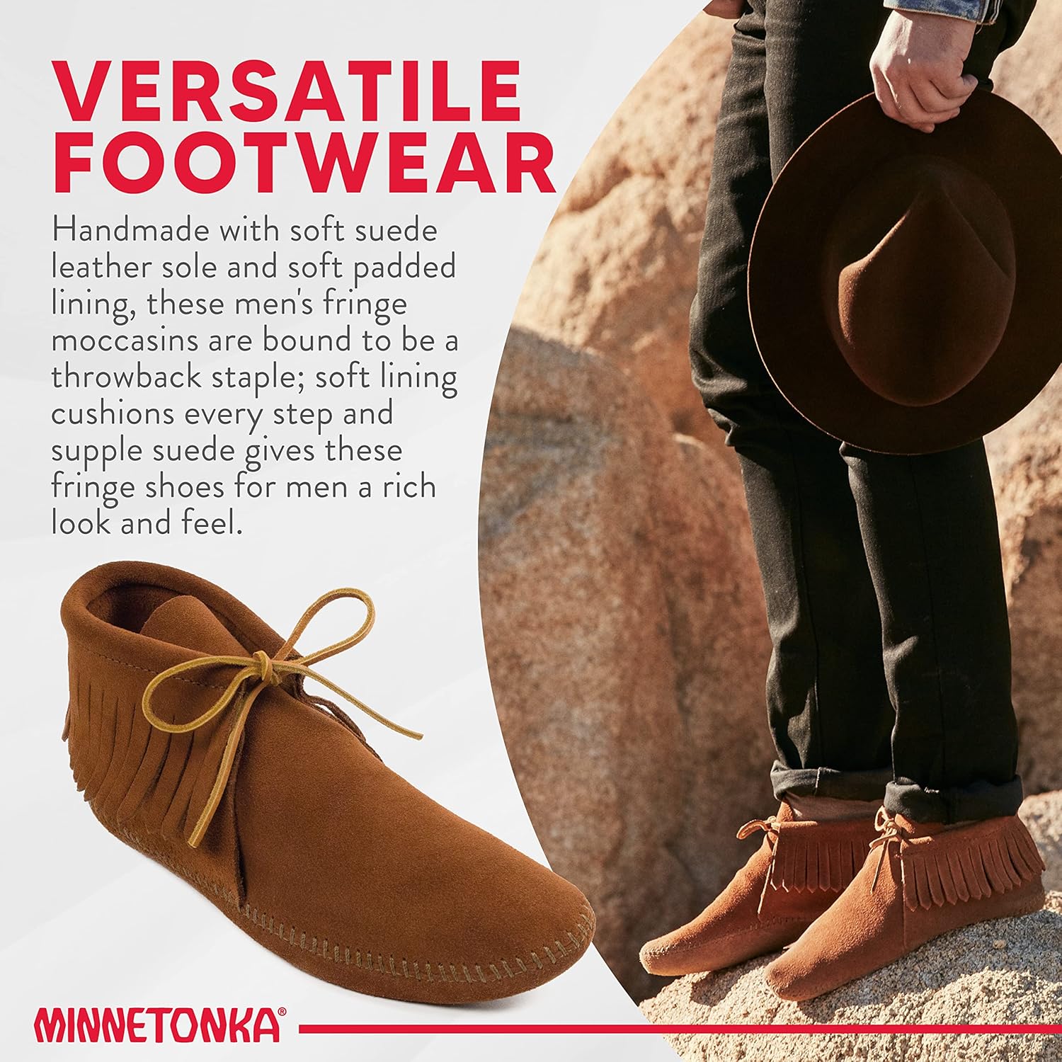 Мокасины-башмачки Minnetonka с классической бахромой для мужчин, Softsole Brown — фото 4