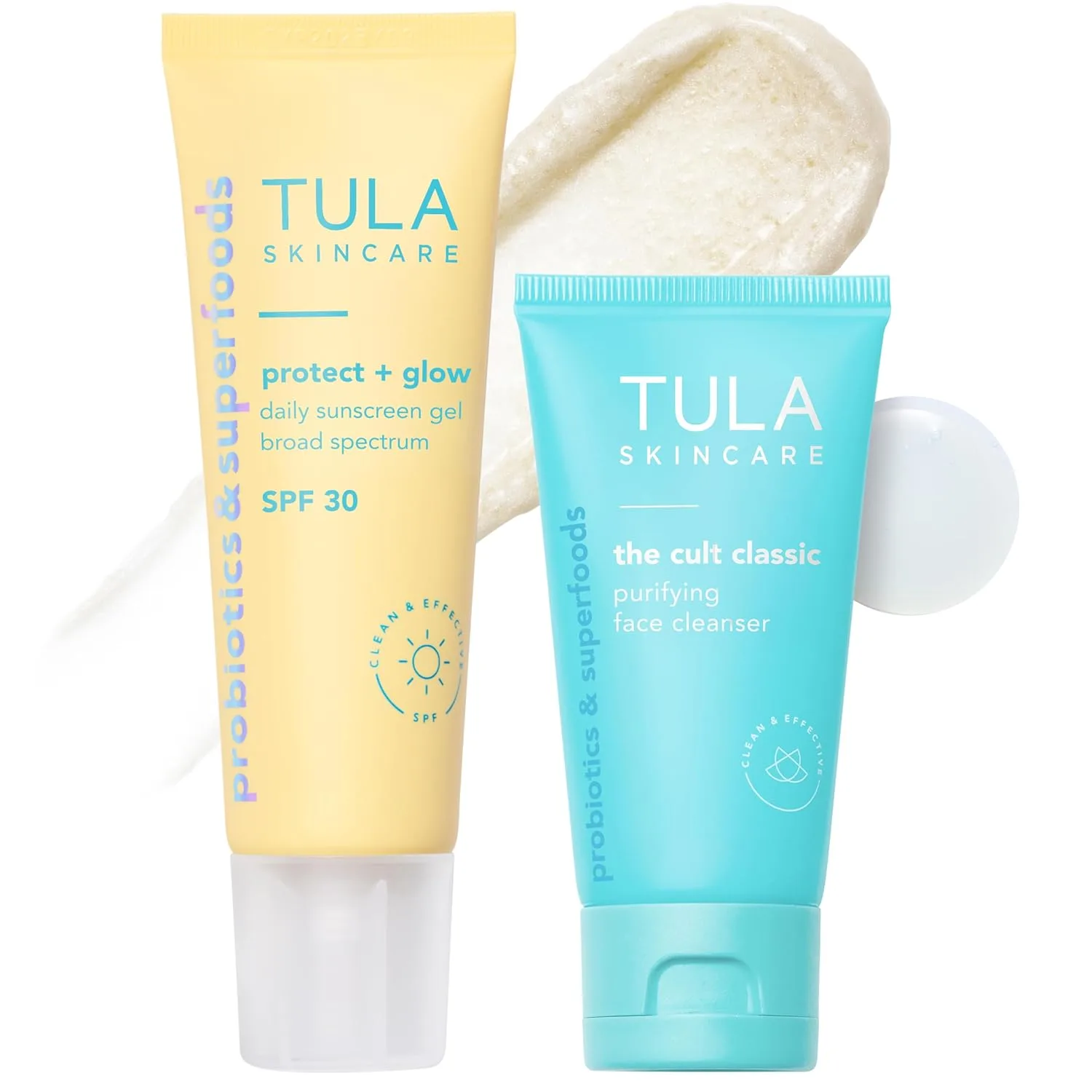TULA Skin Care Protect + Glow Daily Sunscreen Gel Broad Spectrum SPF 30, Supersize, 3.38 oz + Cult Classic Purifying Face Cleanser Travel Size 1 oz, 2 Piece Set, white