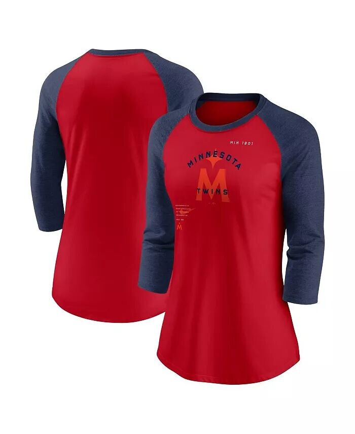 Женская красно-темно-синяя футболка Minnesota Twins Next Up Tri-Blend реглан с рукавами 3/4 Nike — фото 2