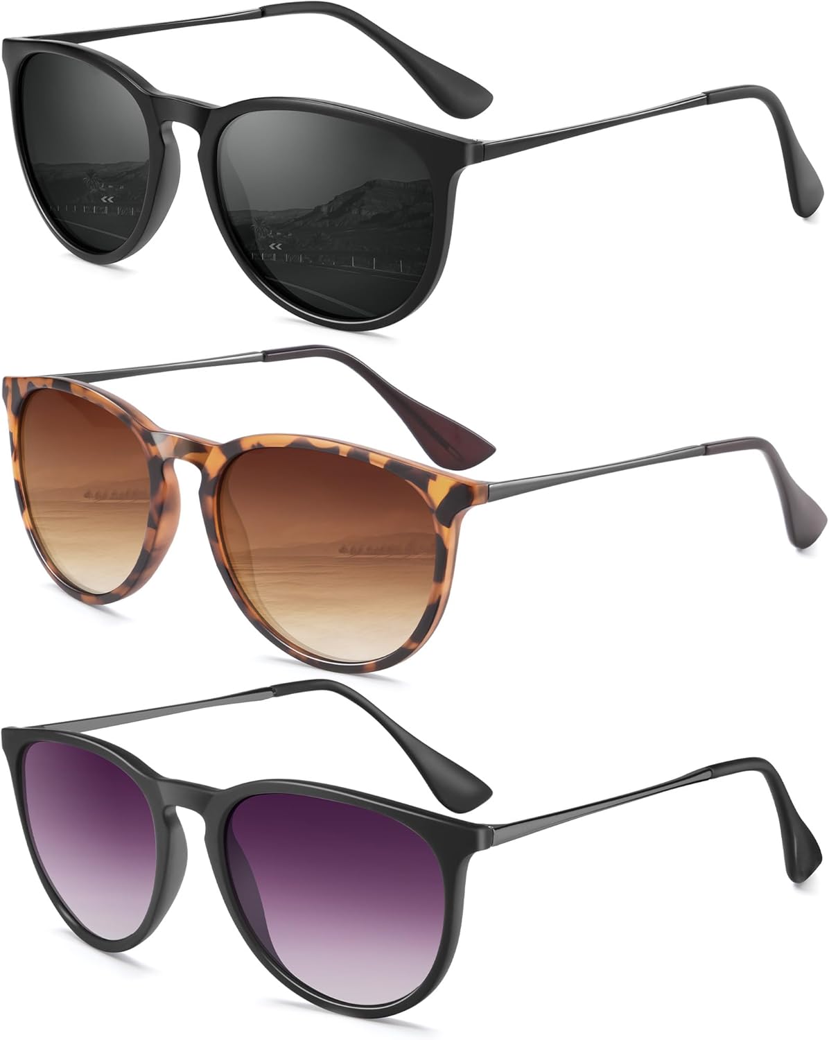 

Женские поляризованные солнцезащитные очки: ретро круглые солнцезащитные очки с защитой UV400, модный набор из 3 штук QALLY, Black/Grey + Matt Leopard/Gradient Brown + Black/Gradient Purple