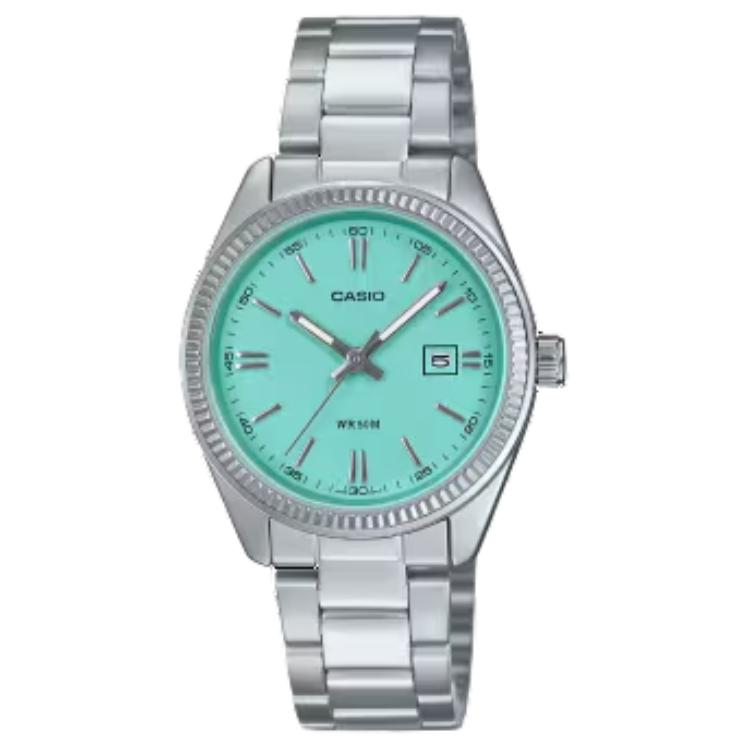 

CASIO Женские часы с кварцевым механизмом на стальном браслете и зеленым циферблатом