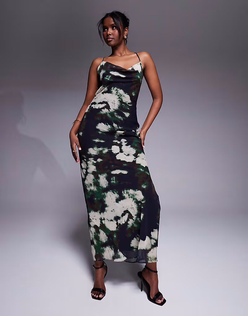 

Платье макси ASOS DESIGN с бретелями, перекрестной спинкой и косым кроем, с абстрактным принтом