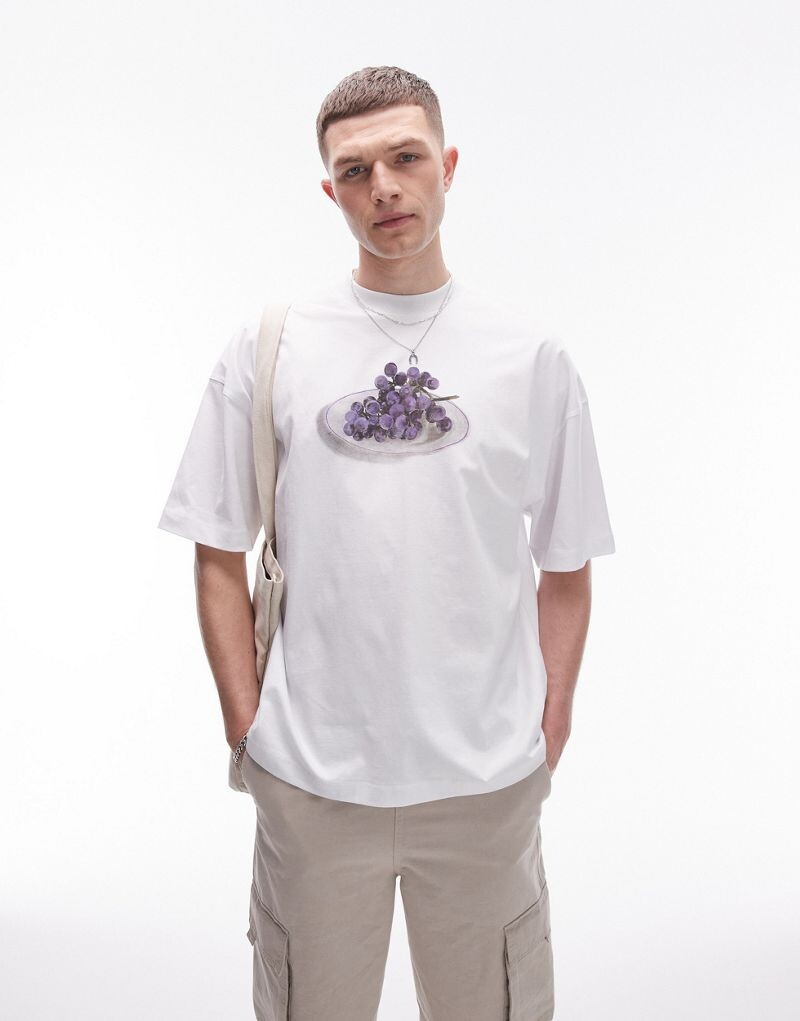 

Topman - Белая футболка оверсайз с виноградным принтом