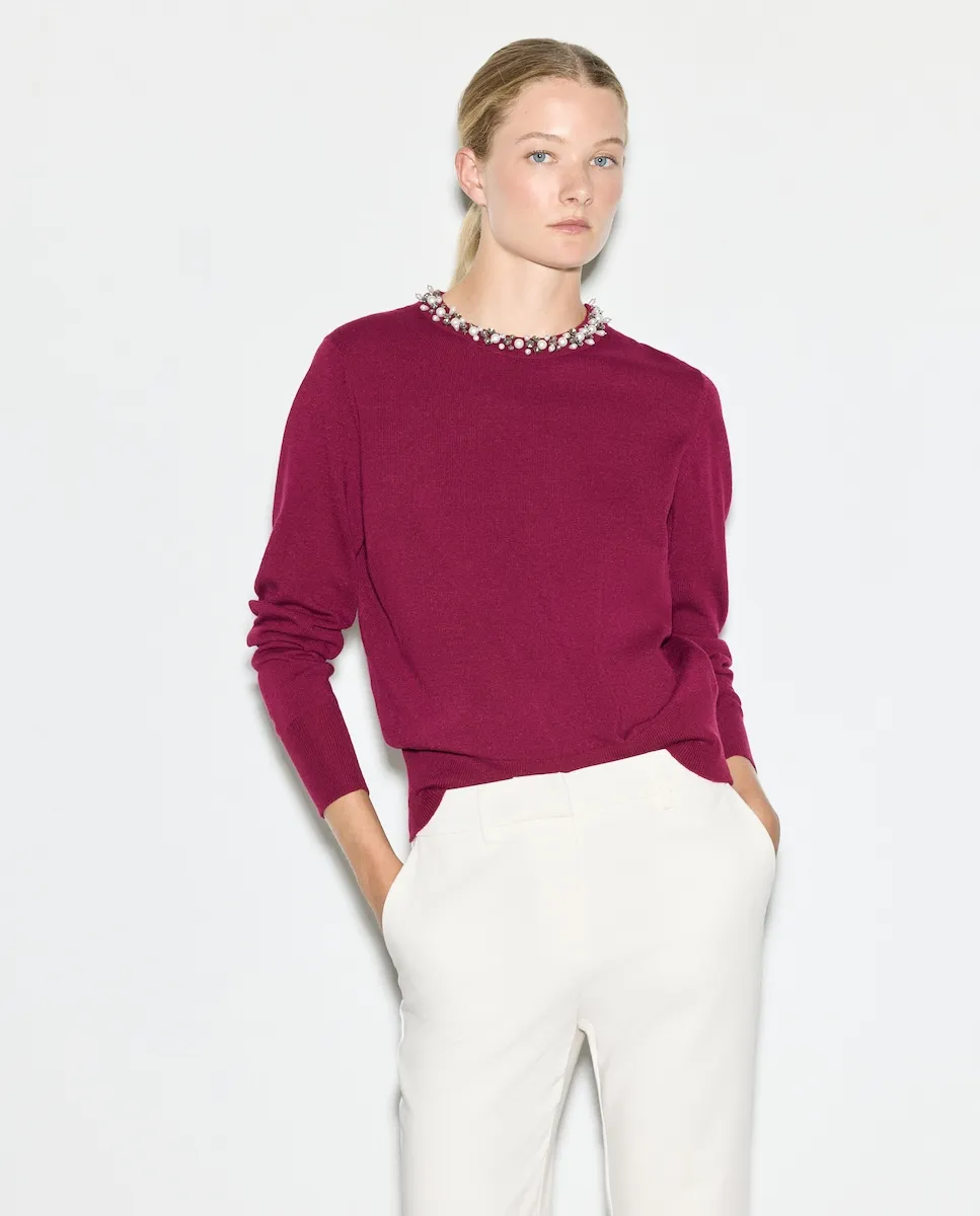 

Женский джемпер с круглым вырезом, однотонный Woman El Corte Inglés, малиновый