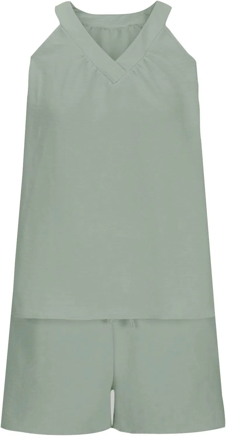 Комплект из льна для женщин V-образный топ на шею и шорты на завязках, R005-light Green — фото 4