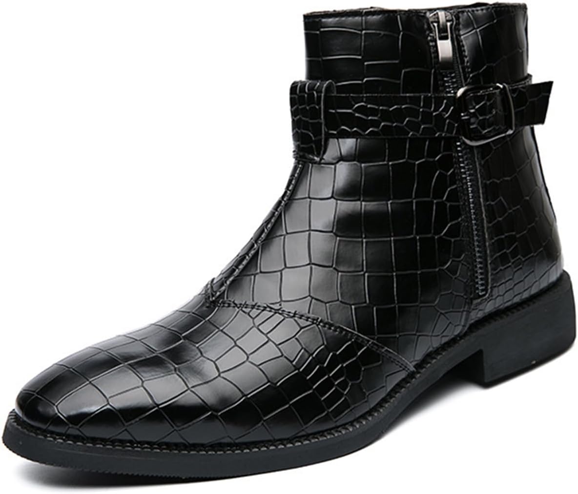 

Мужские кожаные ботильоны Yuizko с принтом, боковой молнией, модные, на низком каблуке, с острым носком и пряжкой, повседневные, короткие, черный