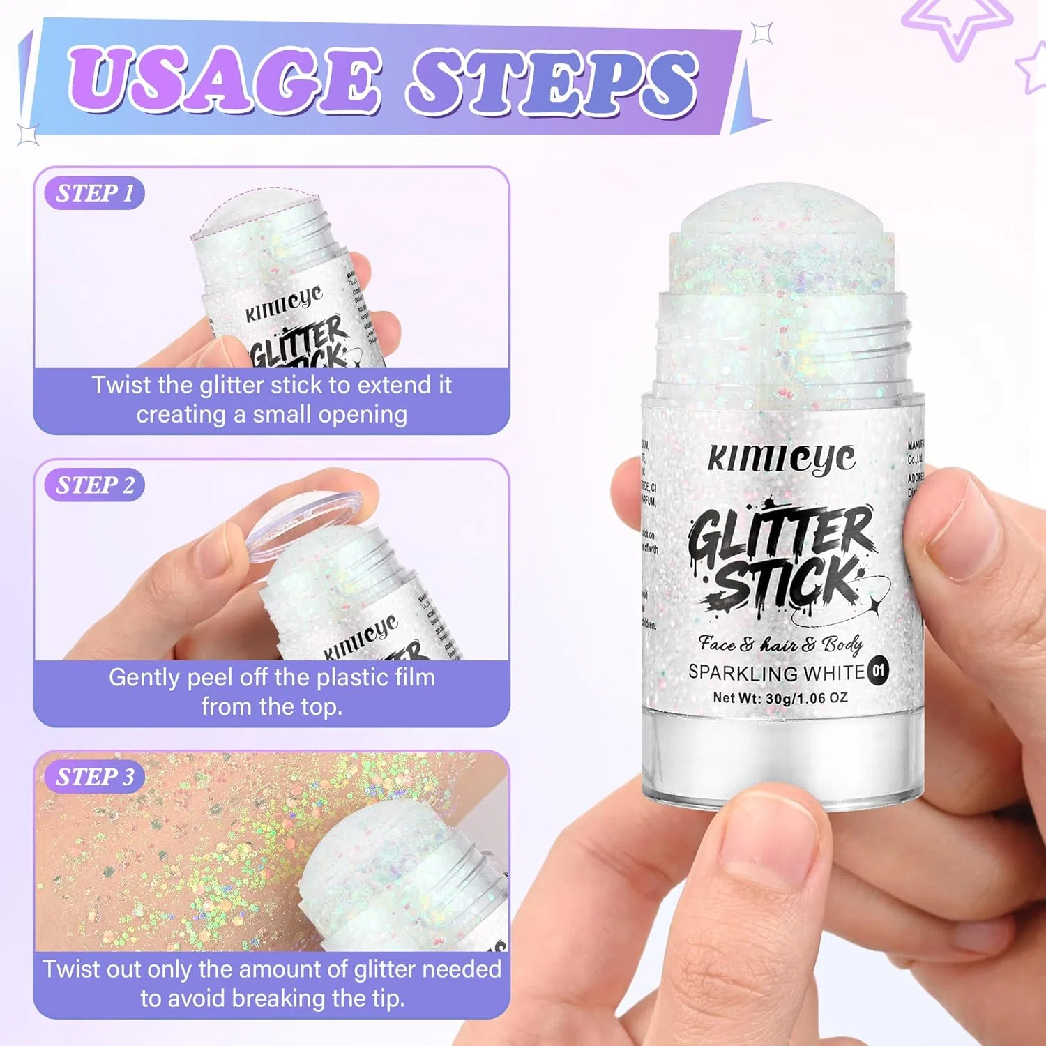 Глиттер-стик для лица и тела Sparkling White KIMIEYE 1.06 oz — фото 3