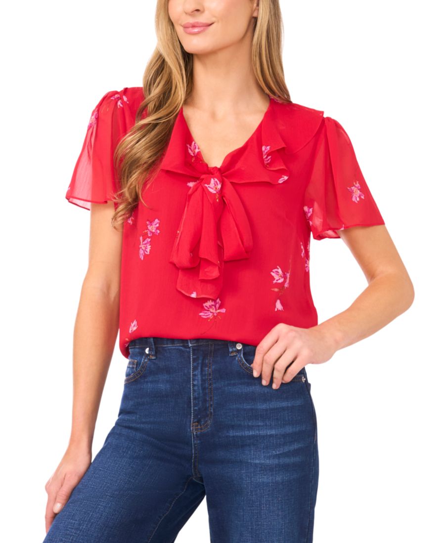 

Женская блузка с короткими рукавами, оборками и завязками спереди CeCe, Stoplight Red