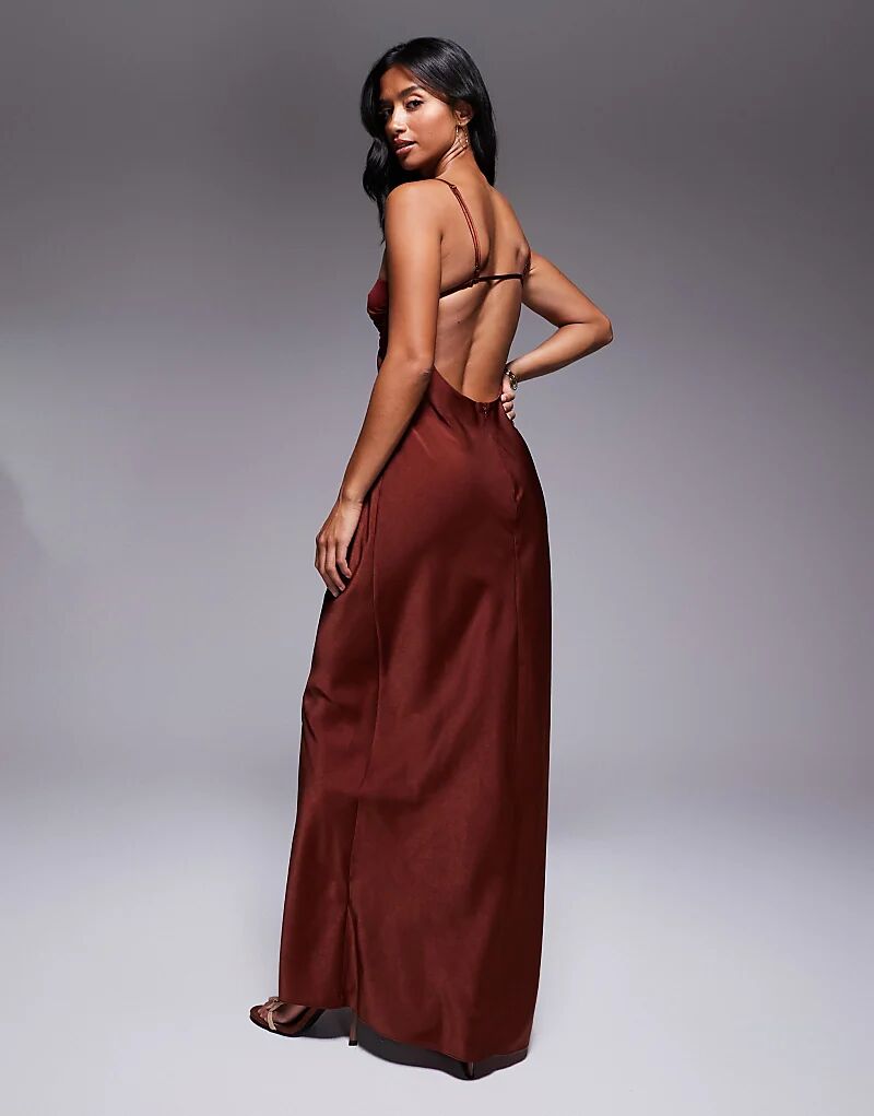 

Платье макси ASOS DESIGN Petite из атласа с бретельками и контрастным бюстом цвета корицы