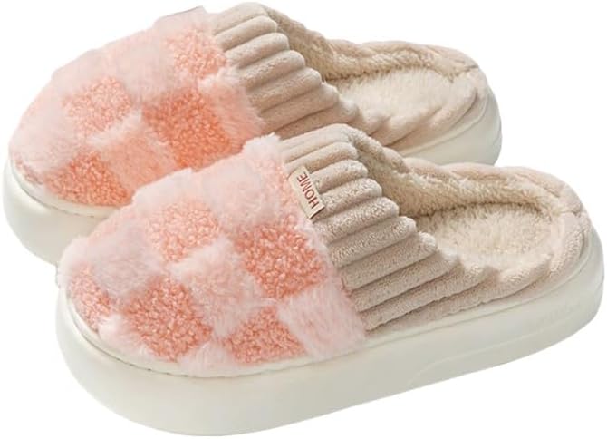 

Домашние тапочки Souezs в клетку, тапочки для дома, с эффектом памяти, плюшевые, для спальни, для использования дома и на улице, для женщин и мужчин, розовый