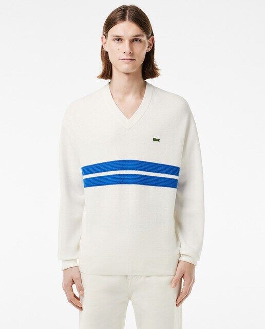 

Двусторонний свитер из пике с полосатым V-образным вырезом Lacoste, белый