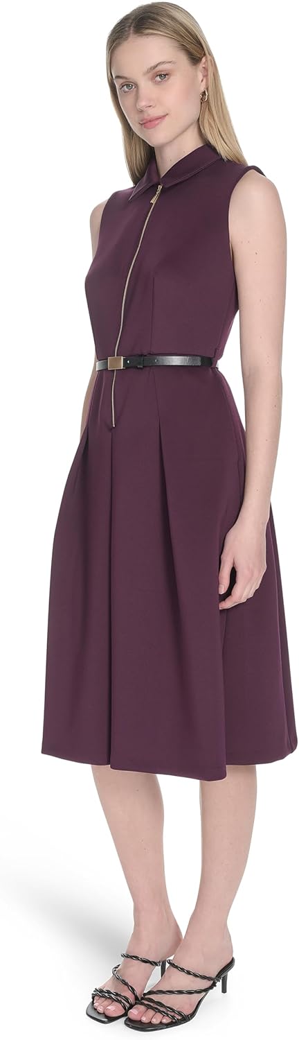 Женское платье-трапеция без рукавов с воротником и поясом от Calvin Klein, Aubergine — фото 3
