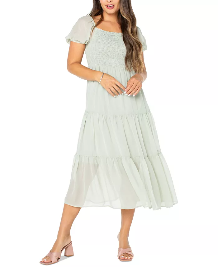 

Женское платье миди с присборенными рукавами-фонариками Juniors' Smocked Puff-Sleeve Midi Dress Celebrity Pink, зеленый
