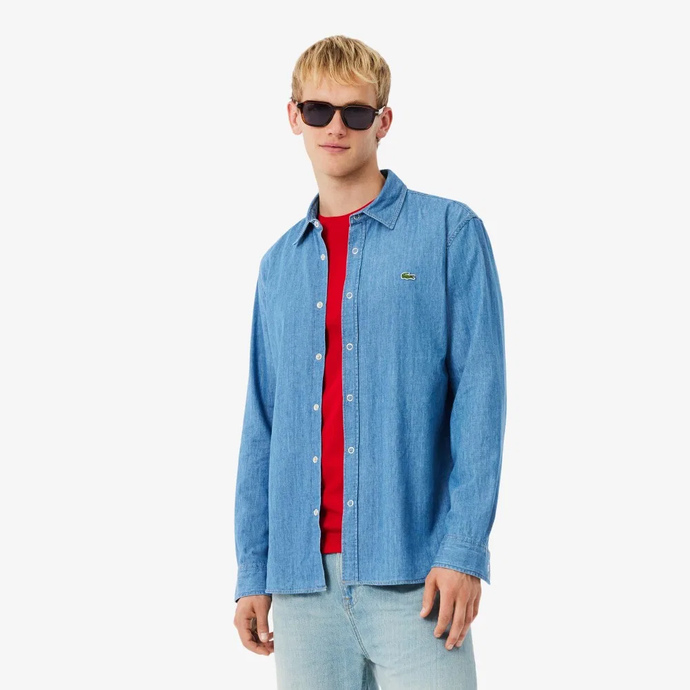 Мужская джинсовая рубашка светло-синяя от Lacoste