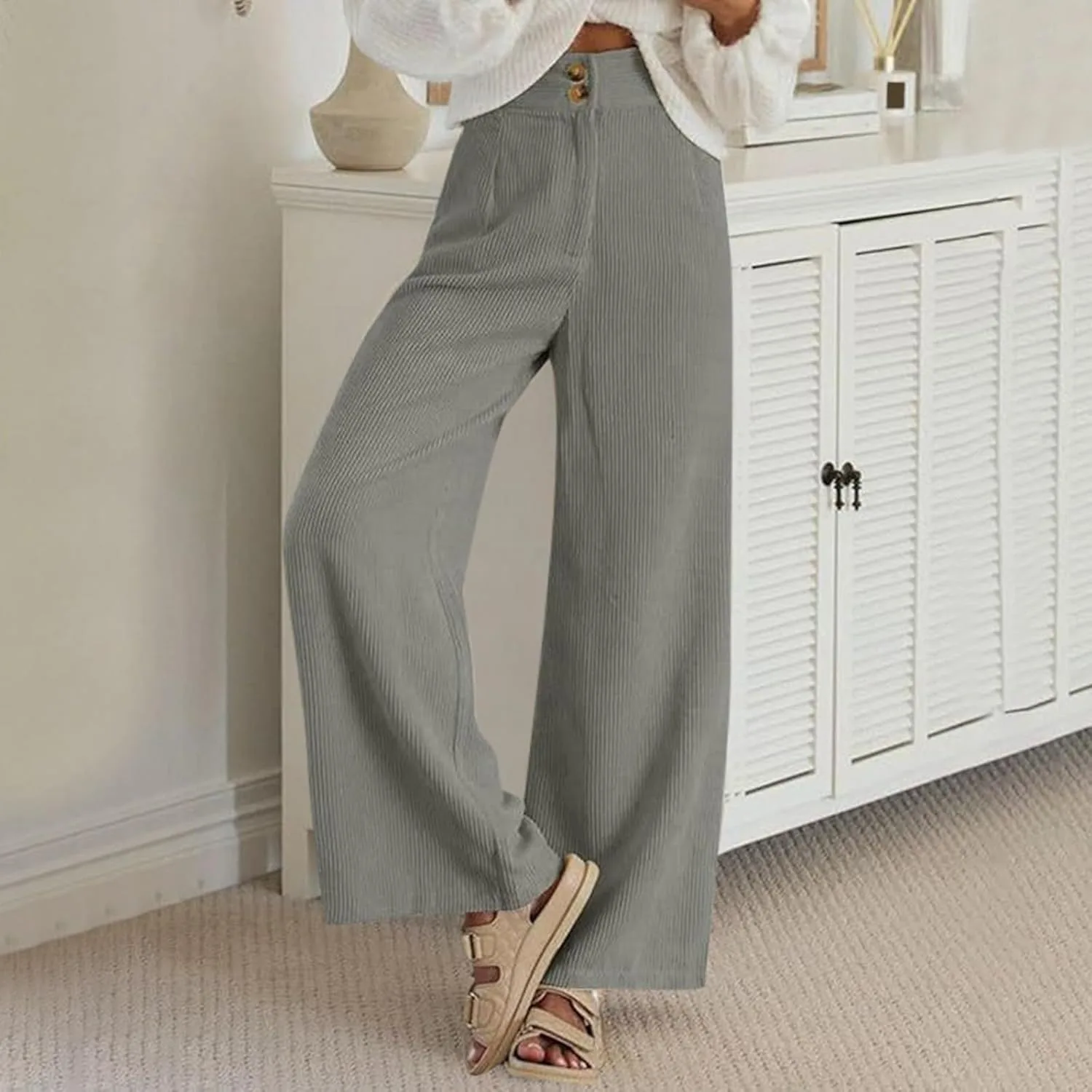 Кордюровые брюки Women Casual с высокой посадкой, на двух пуговицах, эластичные, свободные, модные широкие брюки для осенних образов Generic, серый — фото 3