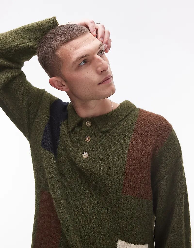 

Поло цвета хаки с цветными блоками Topman