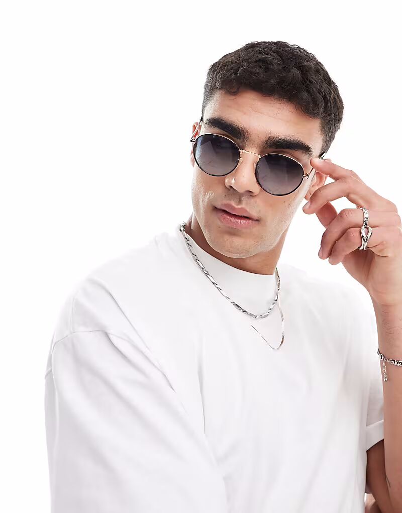

Солнцезащитные очки Jack & Jones круглой формы в золотом цвете с синими линзами