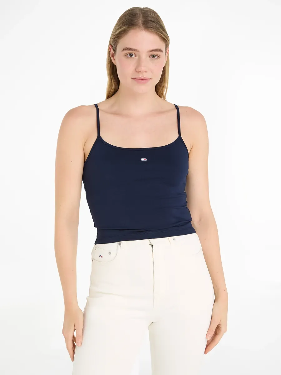 

Майка-спагетти Tommy Jeans "Crop Essential Strap Tank Top, короткая", с регулируемым логотипом бренда на тонких бретельках, синий