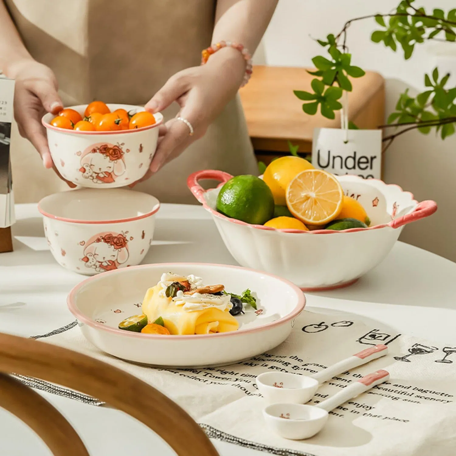 Детский набор посуды из керамики с узором кролика, розовый, "4.75 inch bowl", 2 предмета, от WOOYOO — фото 4