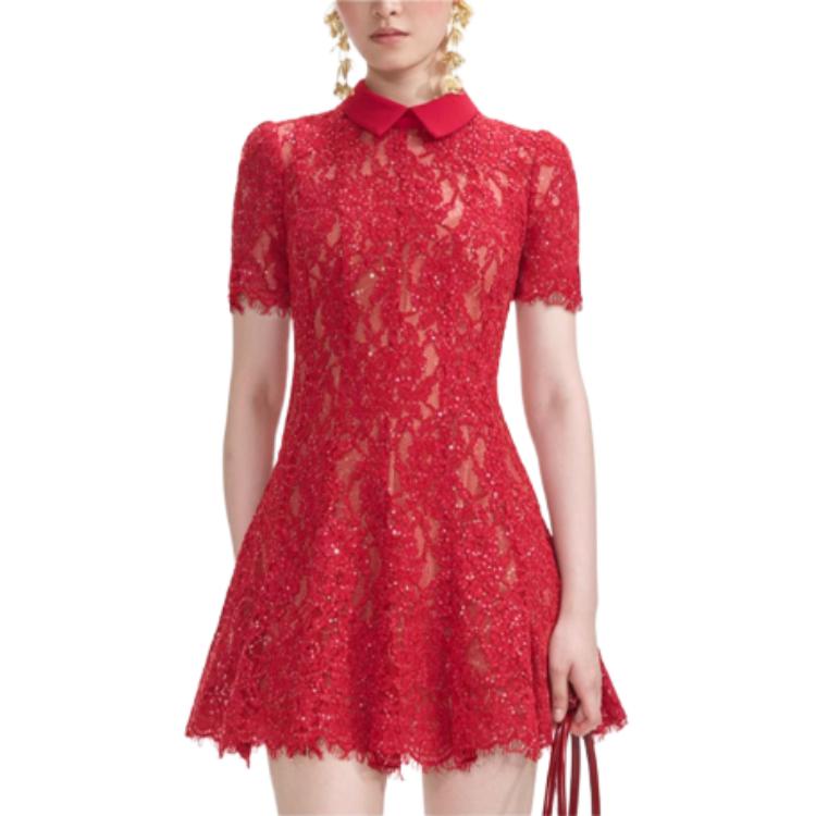 

Селфи платье мини с кружевом и пайетками Self-portrait, красный