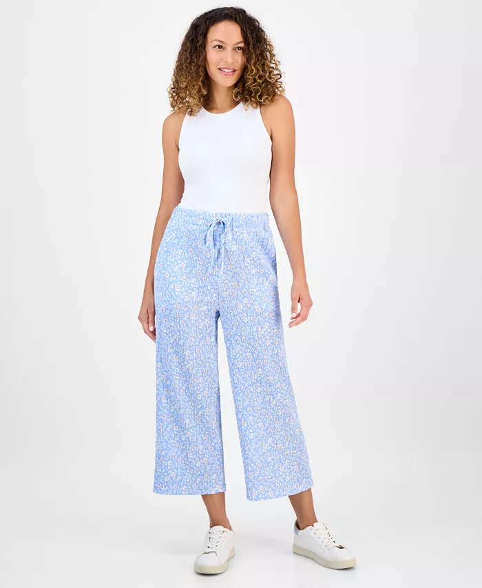 

Широкие брюки до щиколотки с высокой талией и принтом Petite Style & Co, синий