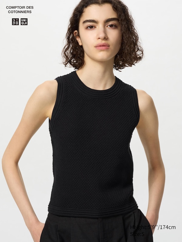 

Короткий джемпер из хлопка с эффектом попкорна (без рукавов) Uniqlo, черный