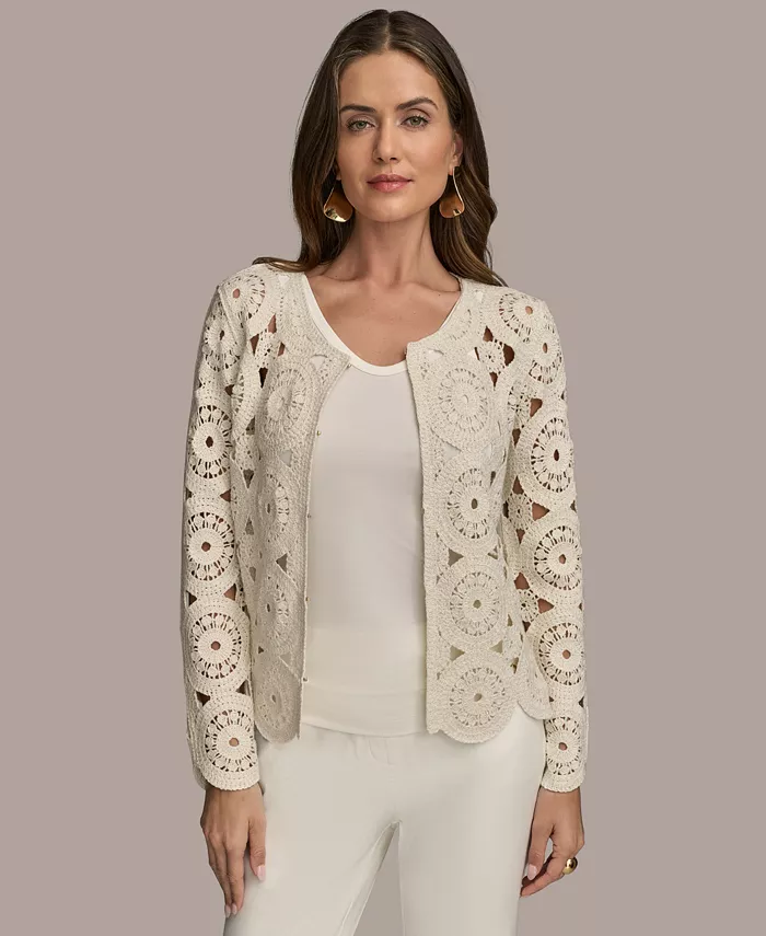 

Женский кардиган из хлопковой смеси с кружевной вязкой Donna Karan New York, коричневый/бежевый