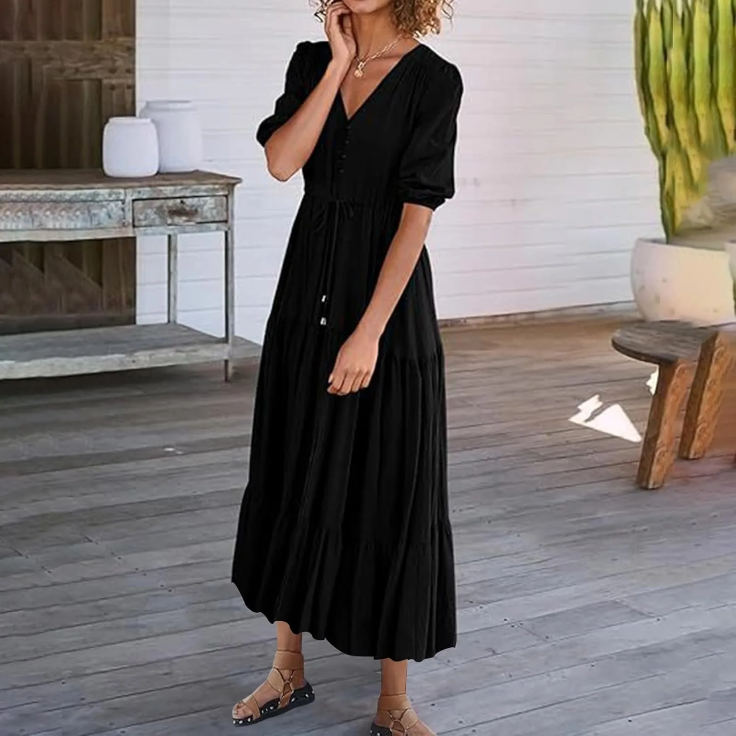 Платье Casual Boho 2024 с коротким рукавом, V-образным вырезом, завязкой на талии, ярусами и расклешенным силуэтом, летнее струящееся макси для отпуска Generic, черный — фото 3