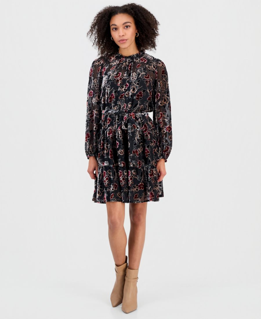 

Женское мини-платье с цветочным принтом, поясом на талии и длинными рукавами julia jordan, Black multi