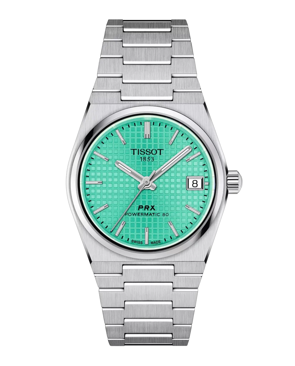 

Женские часы коллекции PRX с автоматическим механизмом из зеленой стали Tissot, серебряный