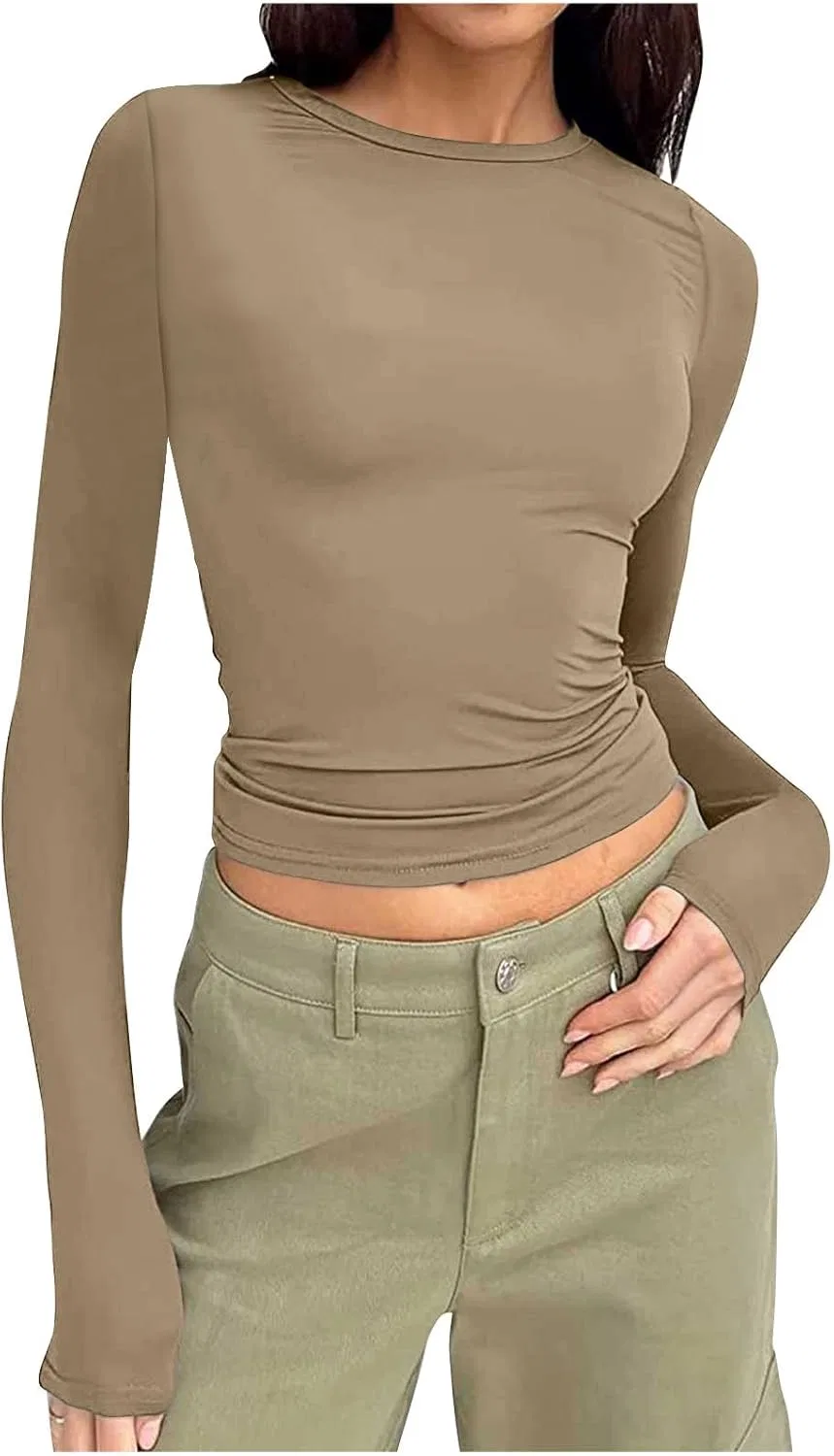 Женский топ с длинным рукавом, облегающий, базовый, бренд Generic, цвет A02_khaki — фото 2