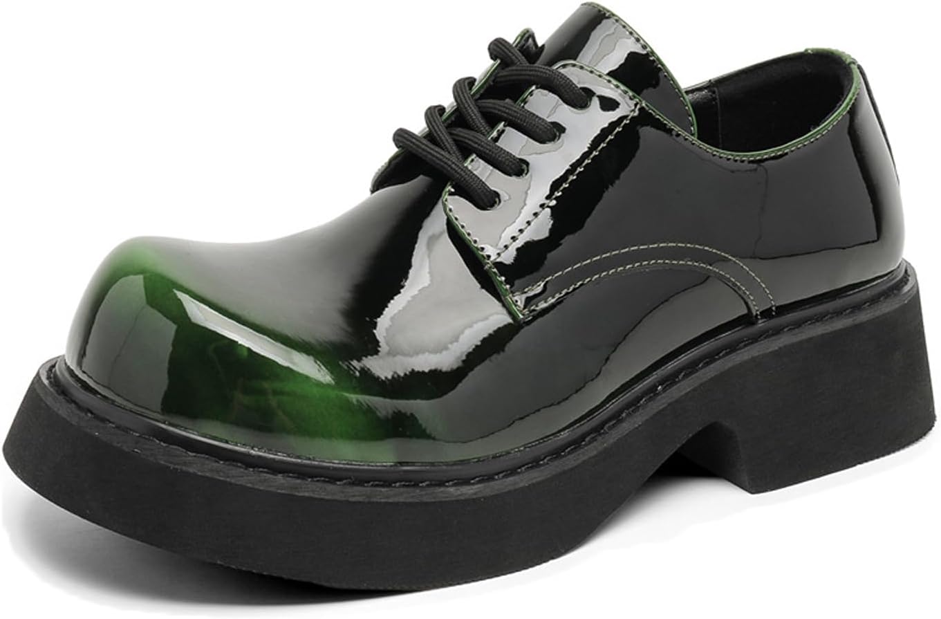 

Мужские дерби из лакированной кожи с градиентом, большой круглый носок, модная шнуровка, массивный каблук, платформа, увеличивающая рост, туфли оксфорды для вечеринок, свадеб и повседневной носки Uzujbaa, зеленый