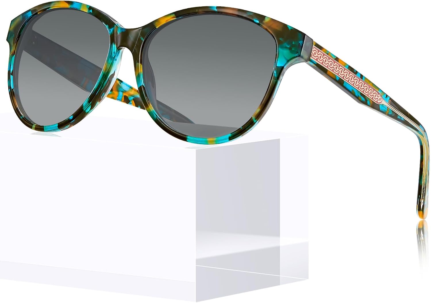 

Женские поляризованные солнцезащитные очки CARFIA Cateye с защитой от УФ-излучения, итальянская оправа из ацетата ручной работы с рельефным узором и проволочным сердечником, 4. Turquoise Frame Gradient Grey Lens