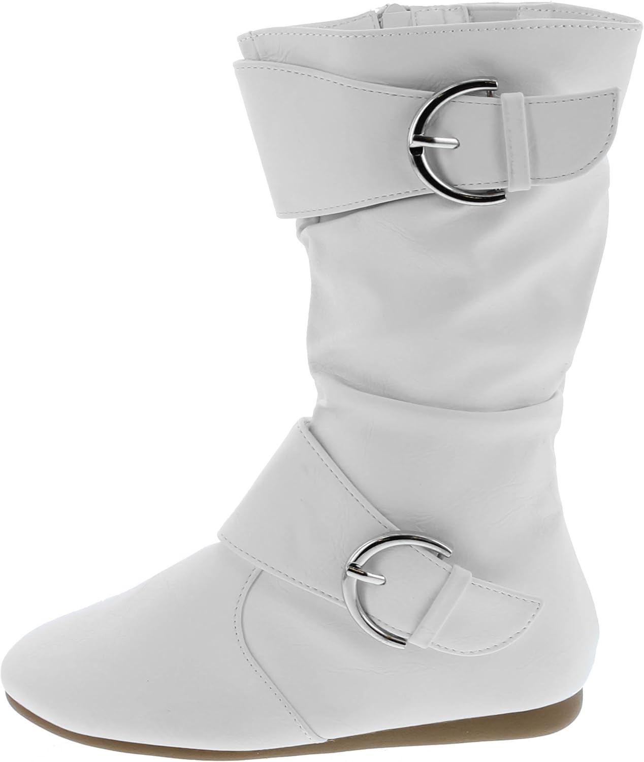 Сапоги для девочек Link Klein-80K, детские милые с искусственной кожей, с двумя пряжками, молнией, плоским каблуком, средней высоты, White — фото 2