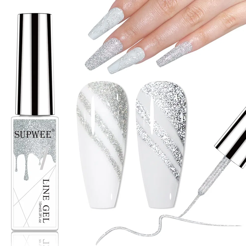 Светоотражающий гель-лайнер Supwee Silver для дизайна ногтей 10 мл Supwee, Silver Or Silver