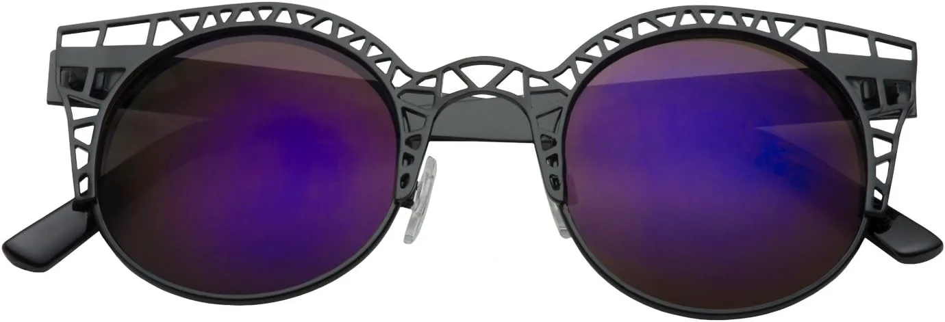 

Женские модные солнцезащитные очки grinderPUNCH в круглой оправе с металлическим вырезом и ажурной структурой, модель «кошачий глаз», Black - Purple Mirror