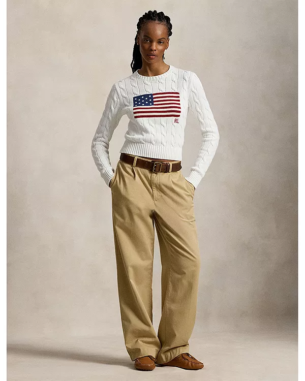 Укороченный свитер крупной вязки с флагом Ralph Lauren, белый — фото 2