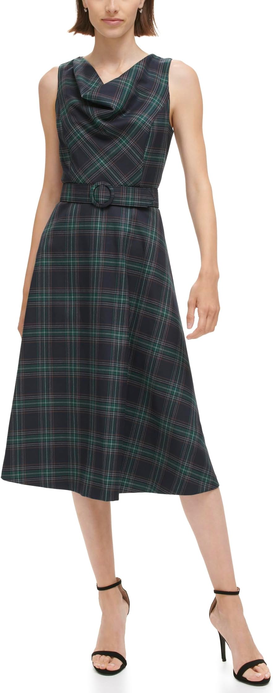 

Платье Vince Camuto Plaid Cowl Neck Fit-and-Flare Belted Midi Dress, цвет Navy Multi