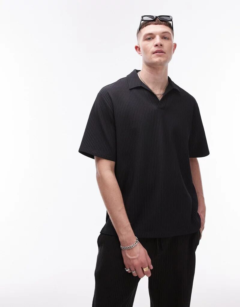 

Черная плиссированная рубашка-поло с короткими рукавами Topman