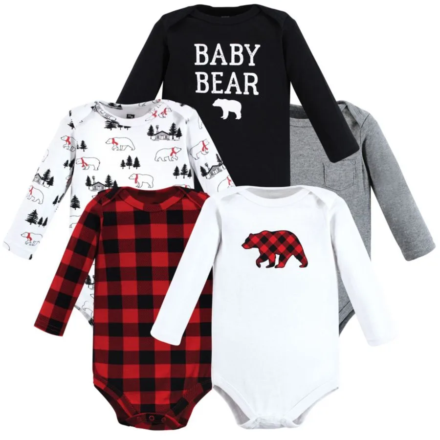 Комплект из 5 мягких хлопковых боди с длинными рукавами Hudson Baby, Buffalo Plaid Bear