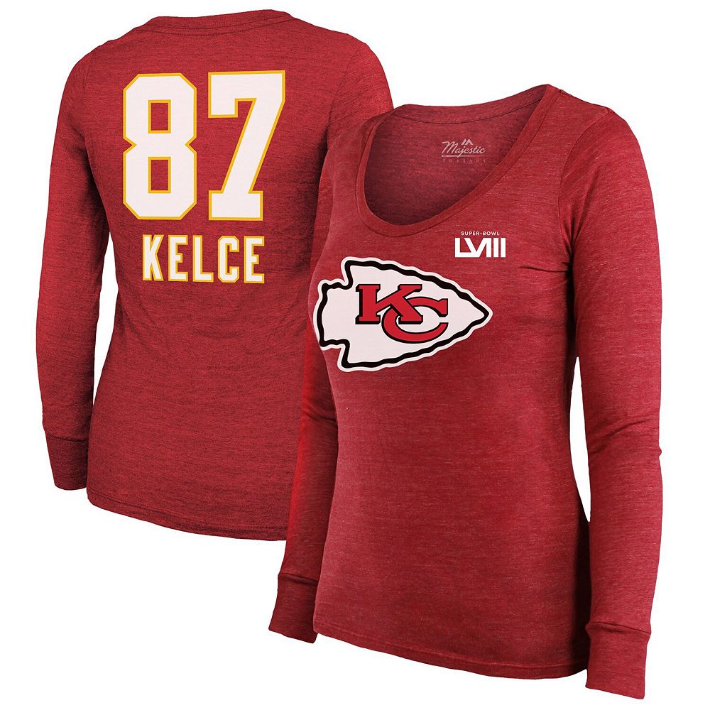 

Женская футболка Majestic Threads Travis Kelce Red Kansas City Chiefs Super Bowl LVIII Scoop с именем и номером, футболка Tri-Blend с длинными рукавами, цвет Chf Red