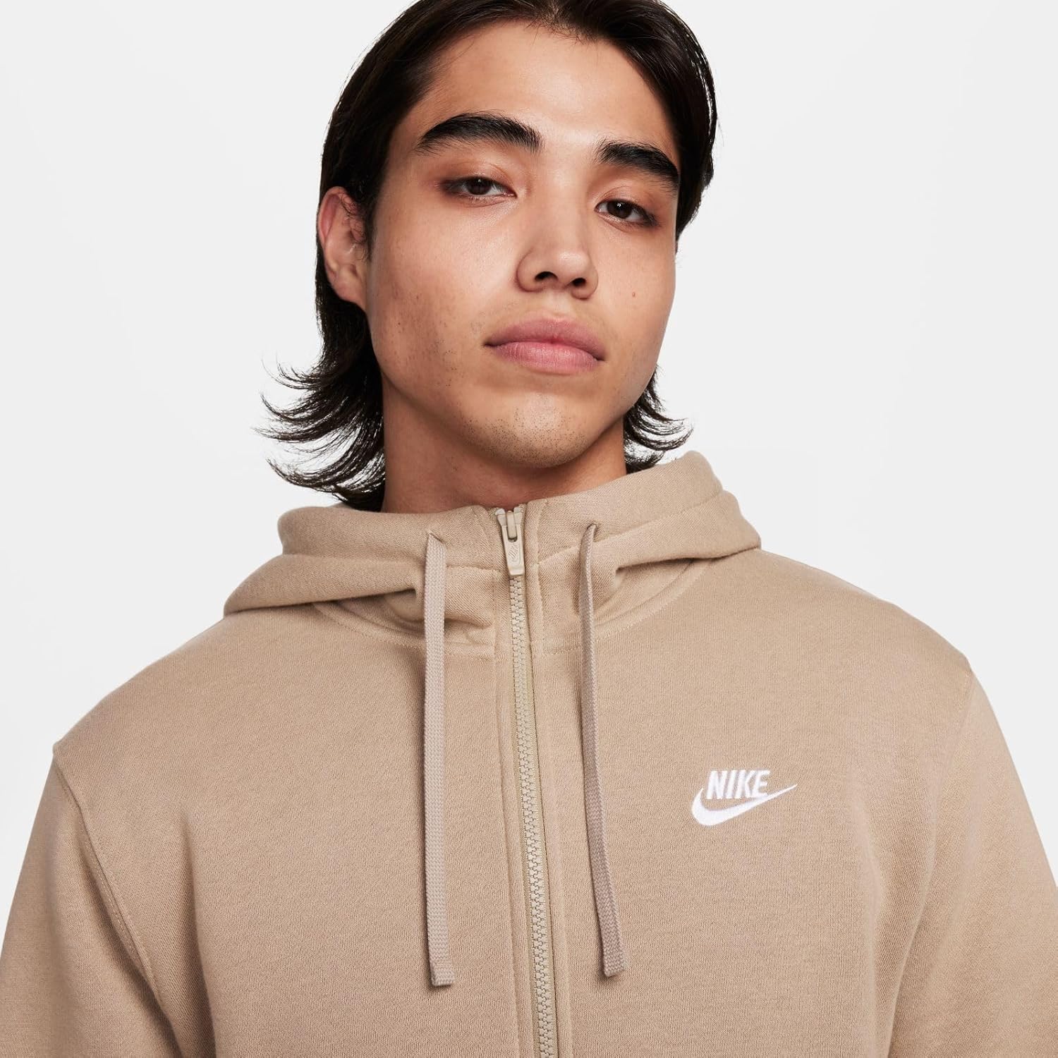 Мужская флисовая толстовка с капюшоном и молнией Nike Sportswear Club, Khaki/Khaki/White — фото 4