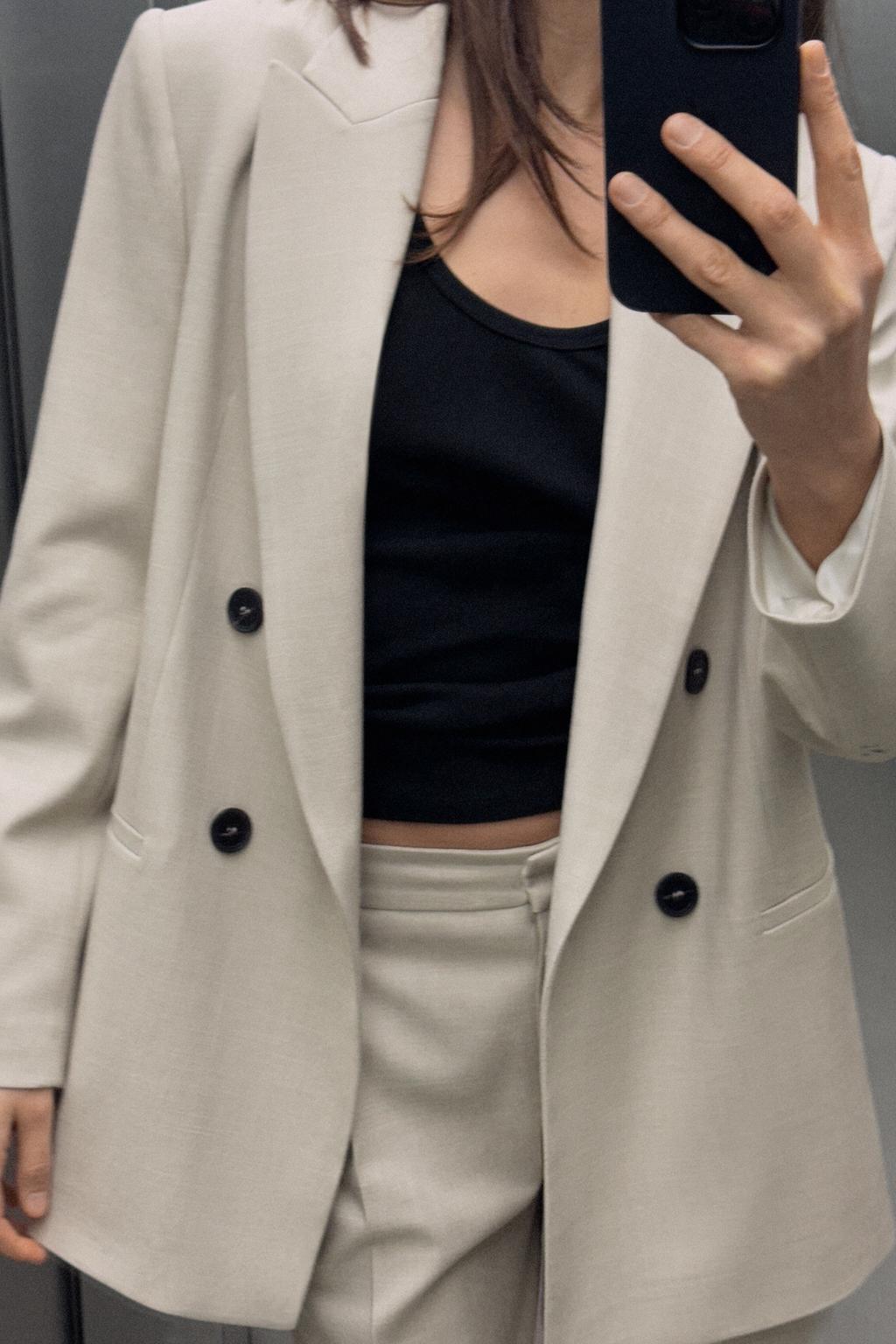 

Двубортный блейзер с нашивками на локтях ZARA, светло-бежевый