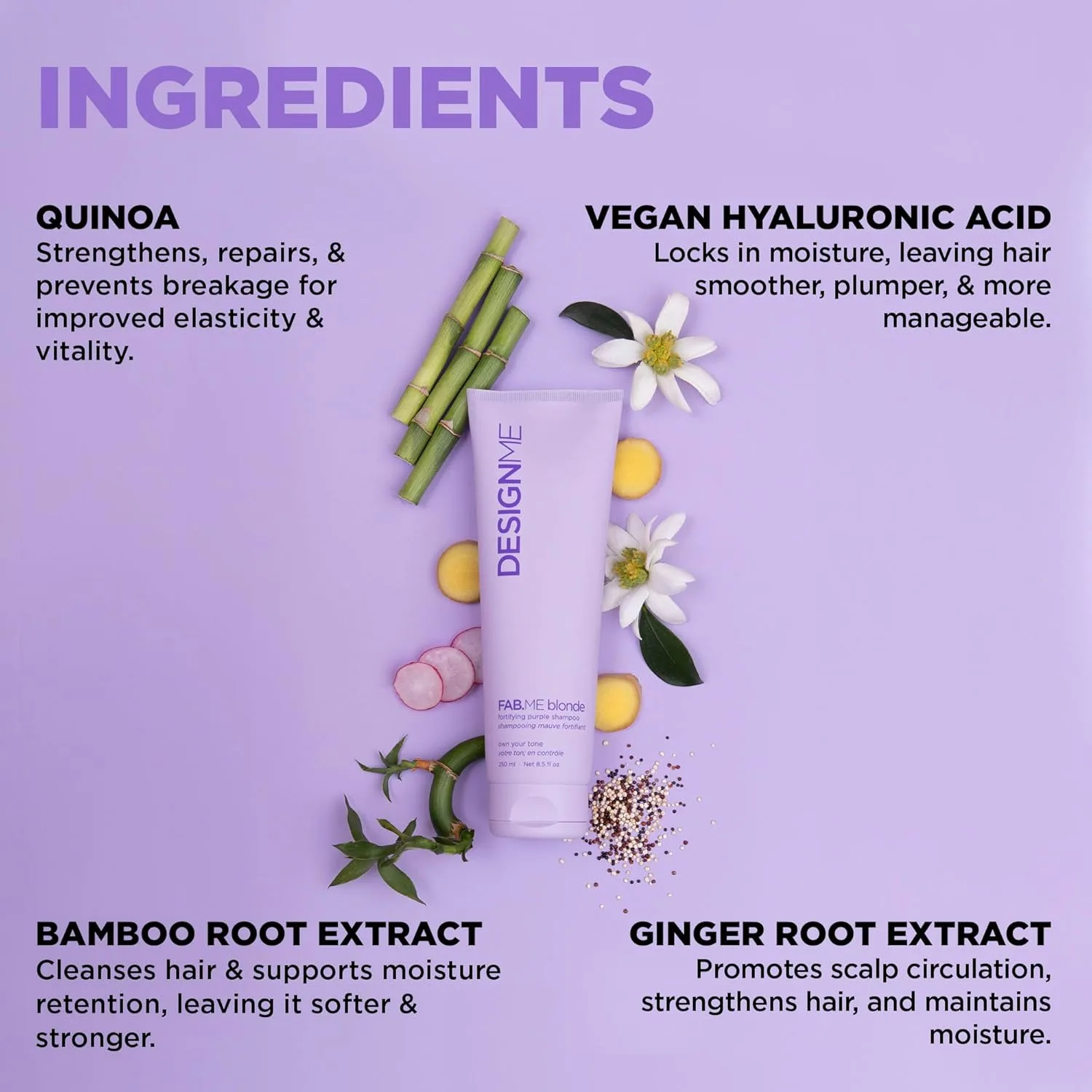 Design.Me FAB.ME Blonde Fortifying Purple Shampoo, тонирующий шампунь для блонда, нейтрализует желтизну и медные оттенки, с гиалуроновой кислотой — фото 3