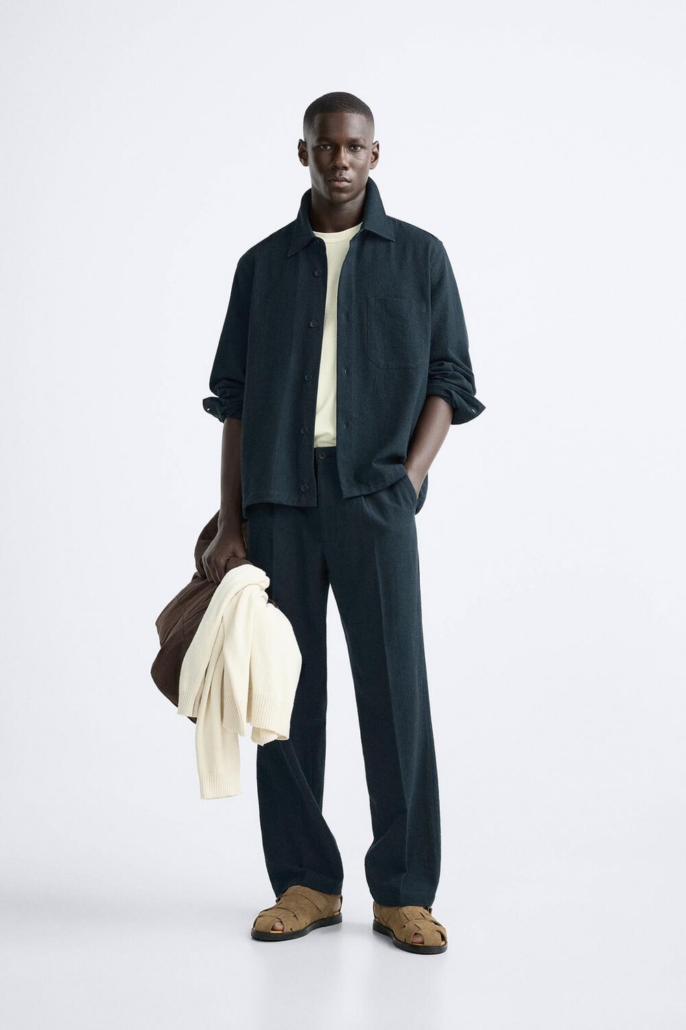 

Верхняя рубашка из хлопка/льна в полотенце ZARA, темно-синий