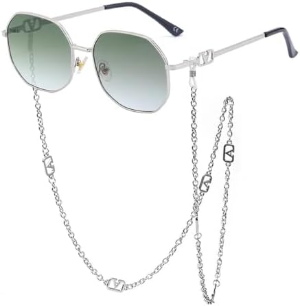 

Мужские и женские панк-солнцезащитные очки в стиле ретро из сплава с многоугольными линзами, солнцезащитные очки для женщин с цепочкой и ремешком MTZJH, C9 Lightgreen Silver