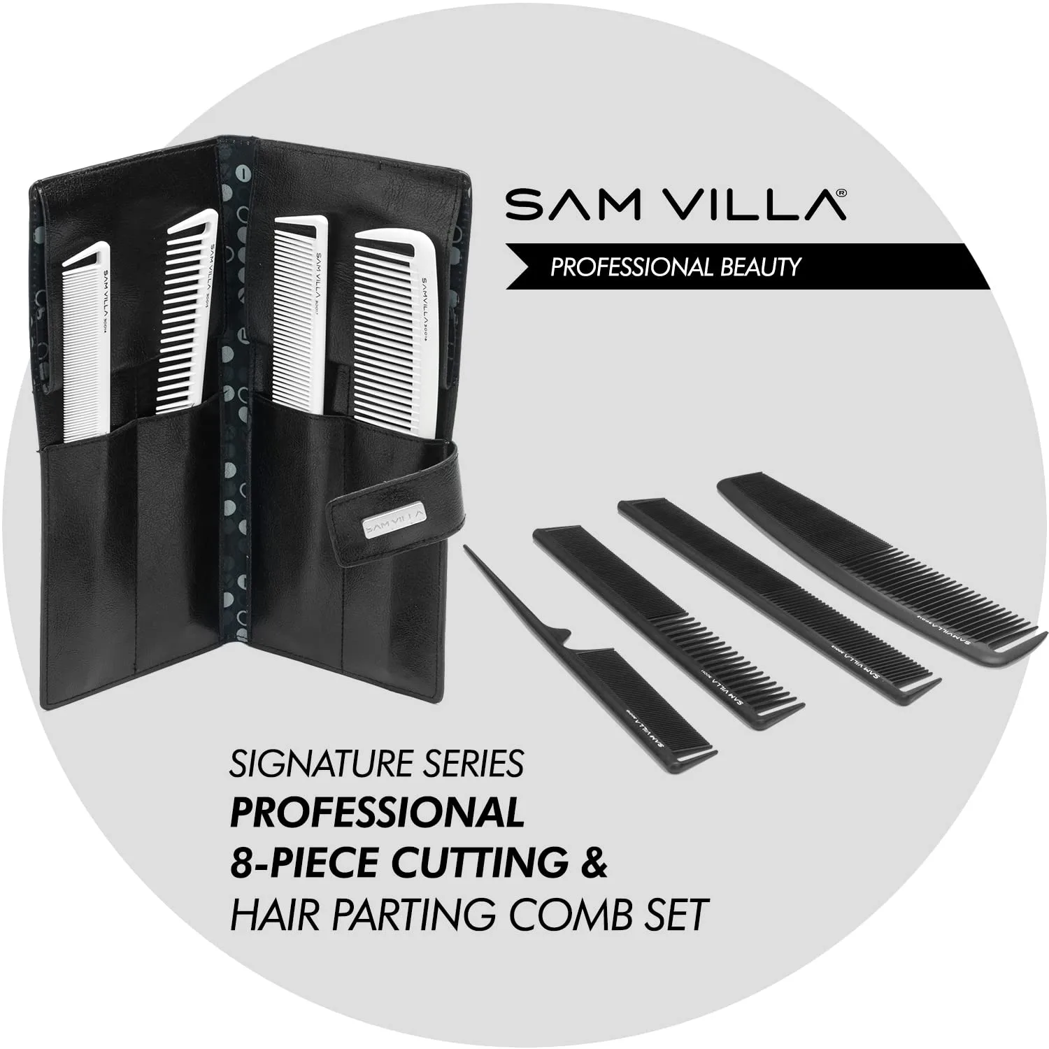 Профессиональный набор для стрижки и пробора волос Sam Villa Signature Series из 8 предметов с футляром. 8 шт. (1 шт.), Black — фото 2